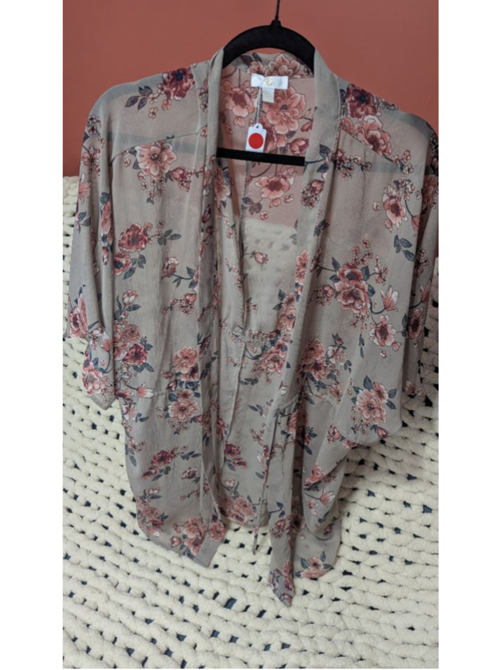 C Floral Chiffon Kimono Cardigan Women's Large Blush Pink Sheer Open Front Boho